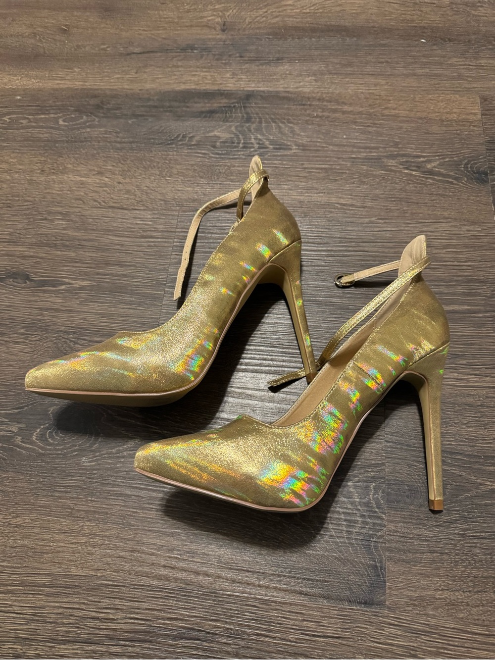 Holographic Gold Pointed-Toe Ankle-Strap Stilettos